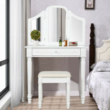 Load image into Gallery viewer, Vanity Dressing Makeup Table Set with Tri-Folding Mirror and Stool-White