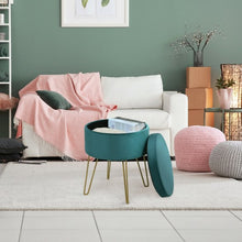 Load image into Gallery viewer, Round Velvet Storage Ottoman Footrest Stool Vanity Chair w/Metal Legs-Dark Green