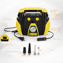 Load image into Gallery viewer, Portable Air Compressor Tire Inflator AC/DC Electric Pump with 3 Nozzle Adaptors