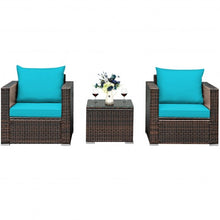 Load image into Gallery viewer, 3 Pcs Patio Conversation Rattan Furniture Set with Cushion-Turquoise