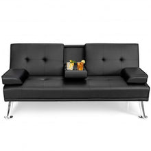 Load image into Gallery viewer, Convertible Folding Leather Futon Sofa with Cup Holders and Armrests-Black