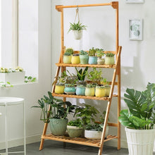Load image into Gallery viewer, 3 Tiers Bamboo Hanging Folding Plant Shelf Stand