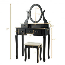 Load image into Gallery viewer, 5 Drawers Vanity Table Stool Set with 12-LED Bulbs-Black