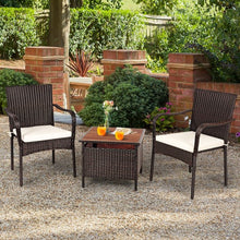 Load image into Gallery viewer, 3 PCS Patio Rattan Furniture Bistro Set with Wood Side Table and Stackable Chair