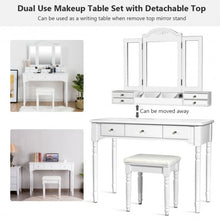Load image into Gallery viewer, Makeup Dressing Table with Tri-Folding Mirror and Cushioned Stool for Women