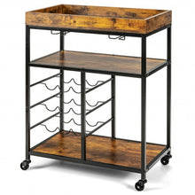 Load image into Gallery viewer, 3-Tier Wood Rolling Kitchen Serving Cart with 9 Wine Bottles Rack Metal Frame-Rustic Brown