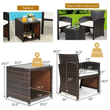 Load image into Gallery viewer, 3 Pieces PE Rattan Wicker Furniture Set with Cushion Sofa Coffee Table for Garden-White