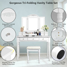 Load image into Gallery viewer, Makeup Dressing Table with Tri-Folding Mirror and Cushioned Stool for Women