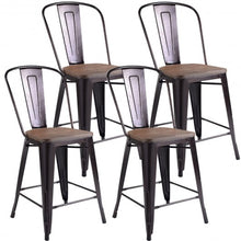 Load image into Gallery viewer, Set of 4 Rustic Metal Wood Bar Chairs with Seat-Wood