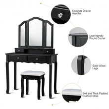 Load image into Gallery viewer, Tri Folding Mirror Vanity Table Stool Set with 4 Drawers-Black