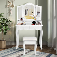 Load image into Gallery viewer, 4 Drawers Mirrored Jewelry Wood Vanity Dressing Table w/ Stool-White