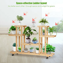 Load image into Gallery viewer, 4-Tier Wood Casters Rolling Shelf Plant Stand-Natural