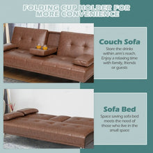 Load image into Gallery viewer, Convertible Folding Leather Futon Sofa with Cup Holders and Armrests-Brown