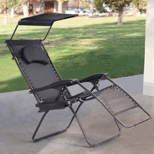 Load image into Gallery viewer, Folding Recliner Lounge Chair with Shade Canopy Cup Holder-Black