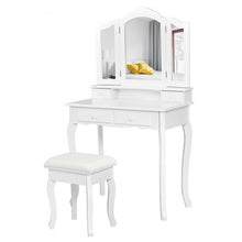 Load image into Gallery viewer, 4 Drawers Mirrored Jewelry Wood Vanity Dressing Table w/ Stool-White