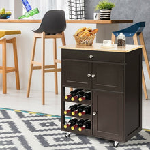 Load image into Gallery viewer, Kitchen Cart with Rubber Wood Top 3 Tier Wine Racks 2 Cabinets-Brown