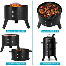 Load image into Gallery viewer, 3-in-1 Portable Round Charcoal Smoker BBQ Grill Built-in Thermometer