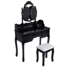Load image into Gallery viewer, Black/White Vanity Makeup Dressing Table w/ Tri Folding Mirror + 7 Drawers-Black