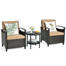 Load image into Gallery viewer, 3Pcs Patio Rattan Furniture Set Cushioned Sofa Storage Table with Shelf Garden