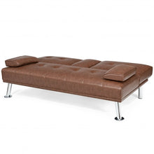 Load image into Gallery viewer, Convertible Folding Leather Futon Sofa with Cup Holders and Armrests-Brown