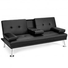 Load image into Gallery viewer, Convertible Folding Leather Futon Sofa with Cup Holders and Armrests-Black