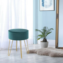 Load image into Gallery viewer, Round Velvet Ottoman Footrest Stool Side Table Dressing Chair w/Metal Legs-Green