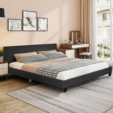 Load image into Gallery viewer, Queen Upholstered Platform Bed Frame with Linen Headboard Wood Slat-Gray