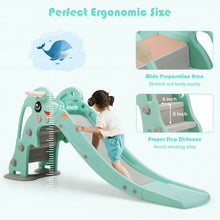 Load image into Gallery viewer, 3-in-1 Kids Climber Slide Play Set with Basketball Hoop and Ball-Green