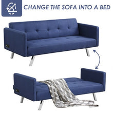 Load image into Gallery viewer, Convertible Futon Sofa Bed Folding Recliner with USB Ports and Power Strip-Blue