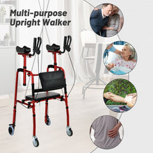 Load image into Gallery viewer, Folding Auxiliary Walker Rollator with Brakes Flip-Up Seat Bag Multifunction-Red