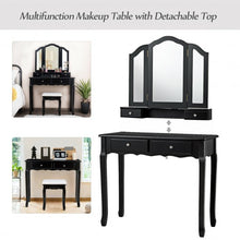 Load image into Gallery viewer, Tri Folding Mirror Vanity Table Stool Set with 4 Drawers-Black