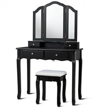 Load image into Gallery viewer, Tri Folding Mirror Vanity Table Stool Set with 4 Drawers-Black