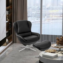Load image into Gallery viewer, Swivel Top Grain Leather Lounge Armchair Rocking Chair with Ottoman-Black