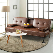 Load image into Gallery viewer, Convertible Folding Leather Futon Sofa with Cup Holders and Armrests-Brown