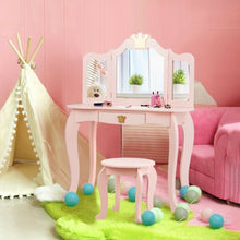 Load image into Gallery viewer, Kids Makeup Dressing Table with Tri-folding Mirror and Stool-Pink