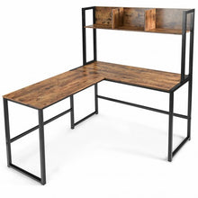 Load image into Gallery viewer, Industrial L-Shaped 55" Corner Computer Gaming Table with Bookshelf-Coffee