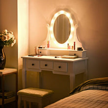 Load image into Gallery viewer, 5 Drawers Vanity Table Stool Set with 12-LED Bulbs-White