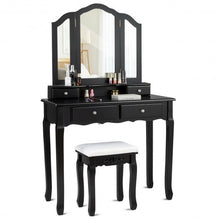 Load image into Gallery viewer, Tri Folding Mirror Vanity Table Stool Set with 4 Drawers-Black