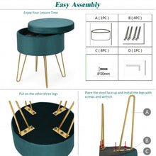Load image into Gallery viewer, Round Velvet Storage Ottoman Footrest Stool Vanity Chair w/Metal Legs-Dark Green