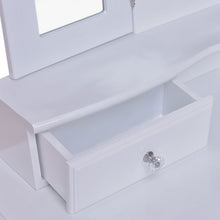 Load image into Gallery viewer, Tri Folding Mirror Vanity Table Stool Set w/ 4 Drawers and Cushioned Stool-White