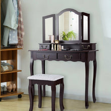 Load image into Gallery viewer, Tri Folding Mirror Makeup Dressing Vanity Set with 4 Drawers-Coffee