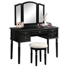 Load image into Gallery viewer, Tri-Fold Mirror Table Stool Wooden Vanity Make Up Dressing Set-Black