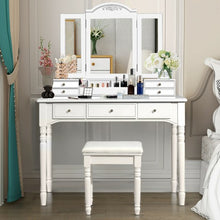 Load image into Gallery viewer, Makeup Dressing Table with Tri-Folding Mirror and Cushioned Stool for Women