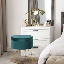 Load image into Gallery viewer, Round Velvet Storage Ottoman Footrest Stool Vanity Chair w/Metal Legs-Dark Green