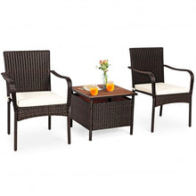 Load image into Gallery viewer, 3 PCS Patio Rattan Furniture Bistro Set with Wood Side Table and Stackable Chair