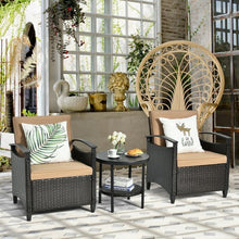 Load image into Gallery viewer, 3Pcs Patio Rattan Furniture Set Cushioned Sofa Storage Table with Shelf Garden