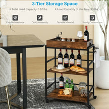 Load image into Gallery viewer, 3-Tier Kitchen Serving Bar Cart with Lockable Casters and Handle Rack for Home Pub-Rustic Brown