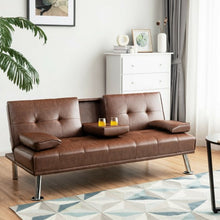 Load image into Gallery viewer, Convertible Folding Leather Futon Sofa with Cup Holders and Armrests-Brown