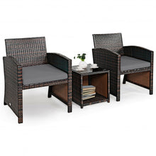 Load image into Gallery viewer, 3 Pieces PE Rattan Wicker Furniture Set with Cushion Sofa Coffee Table for Garden-Gray