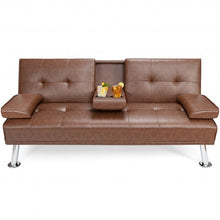 Load image into Gallery viewer, Convertible Folding Leather Futon Sofa with Cup Holders and Armrests-Brown